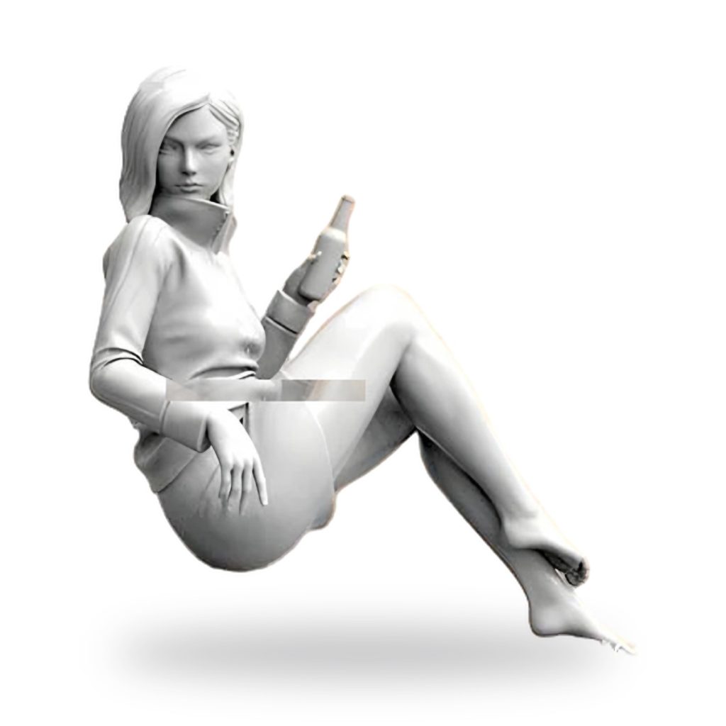 Unpainted resin figure of seated woman holding bottle.