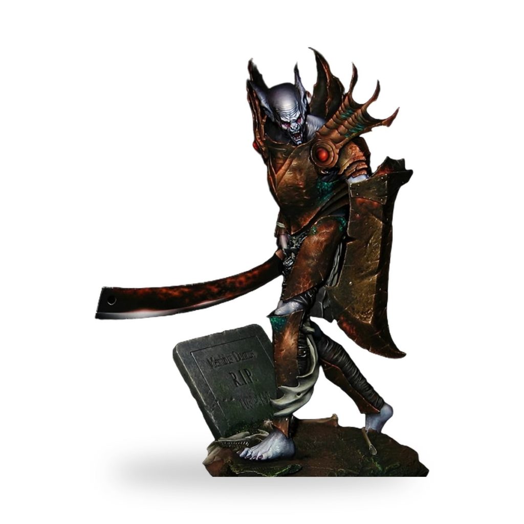 Unpainted Orc Goblin in dark fantasy armor holding scythe and shield near tombstone.