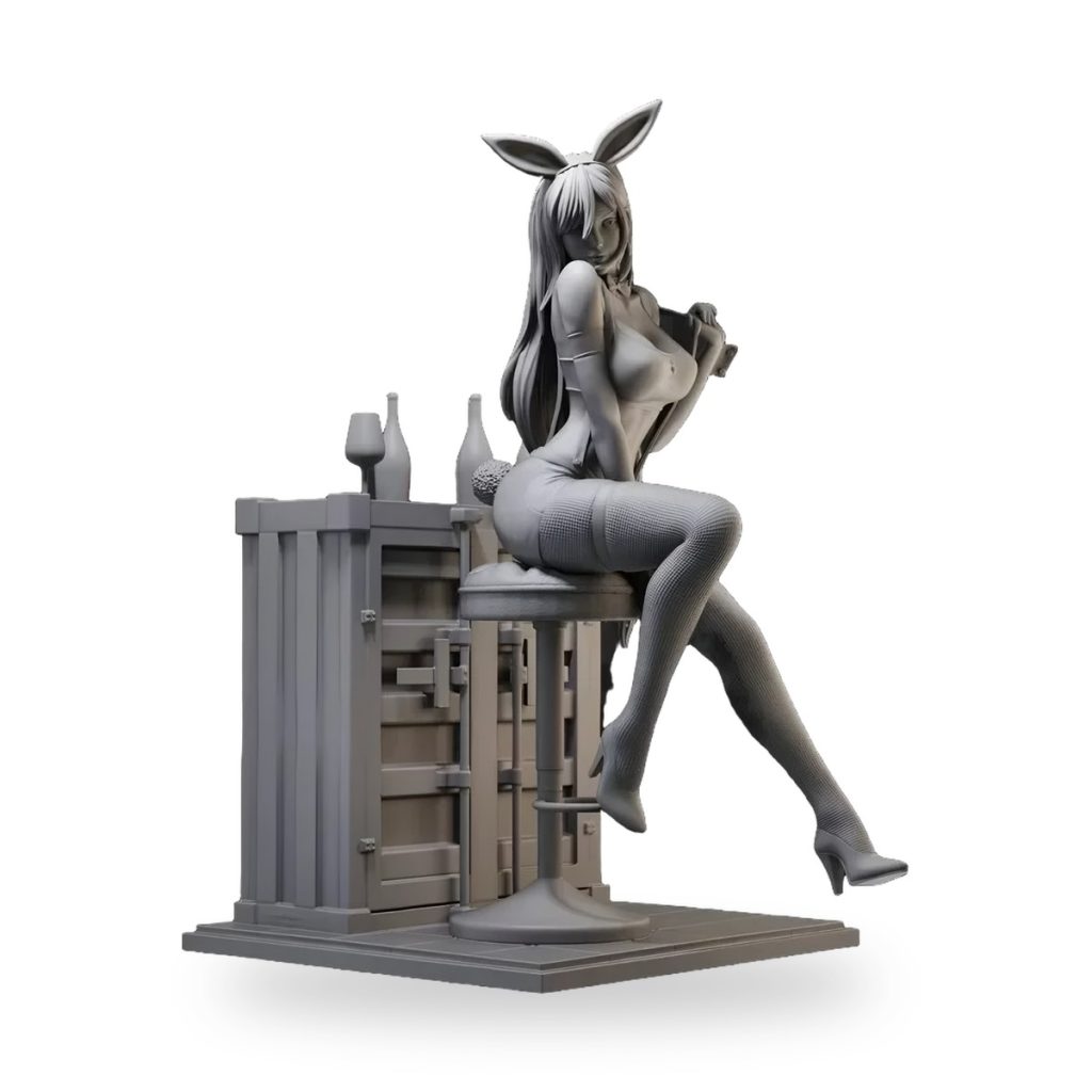 Unpainted bunny girl figure sitting on bar stool with drinks and crate base.