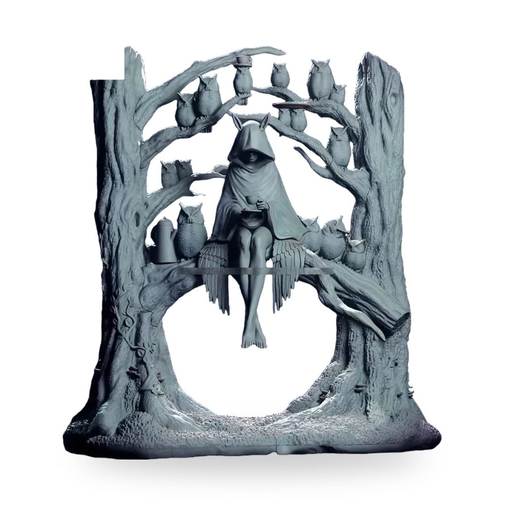 Unpainted fantasy owl girl figure sitting in tree with owls.