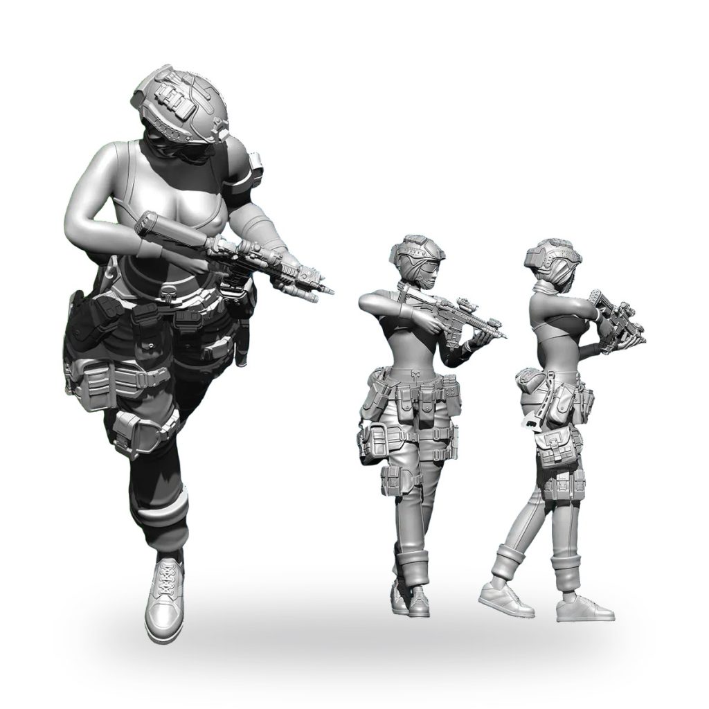 Unpainted female soldier militia gun army resin model in three poses.