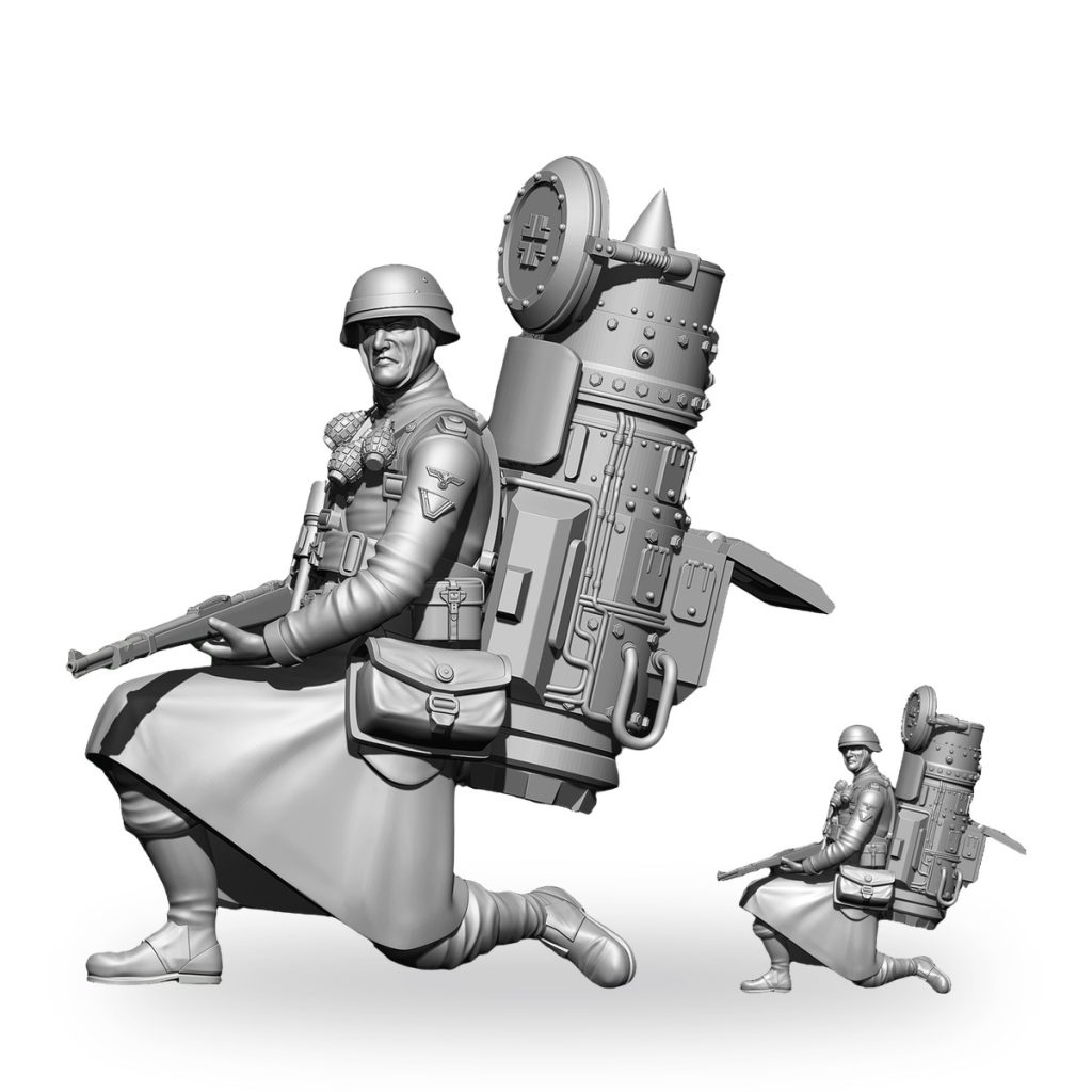 Unpainted WWII German soldier with rocket launcher and rifle in kneeling pose.