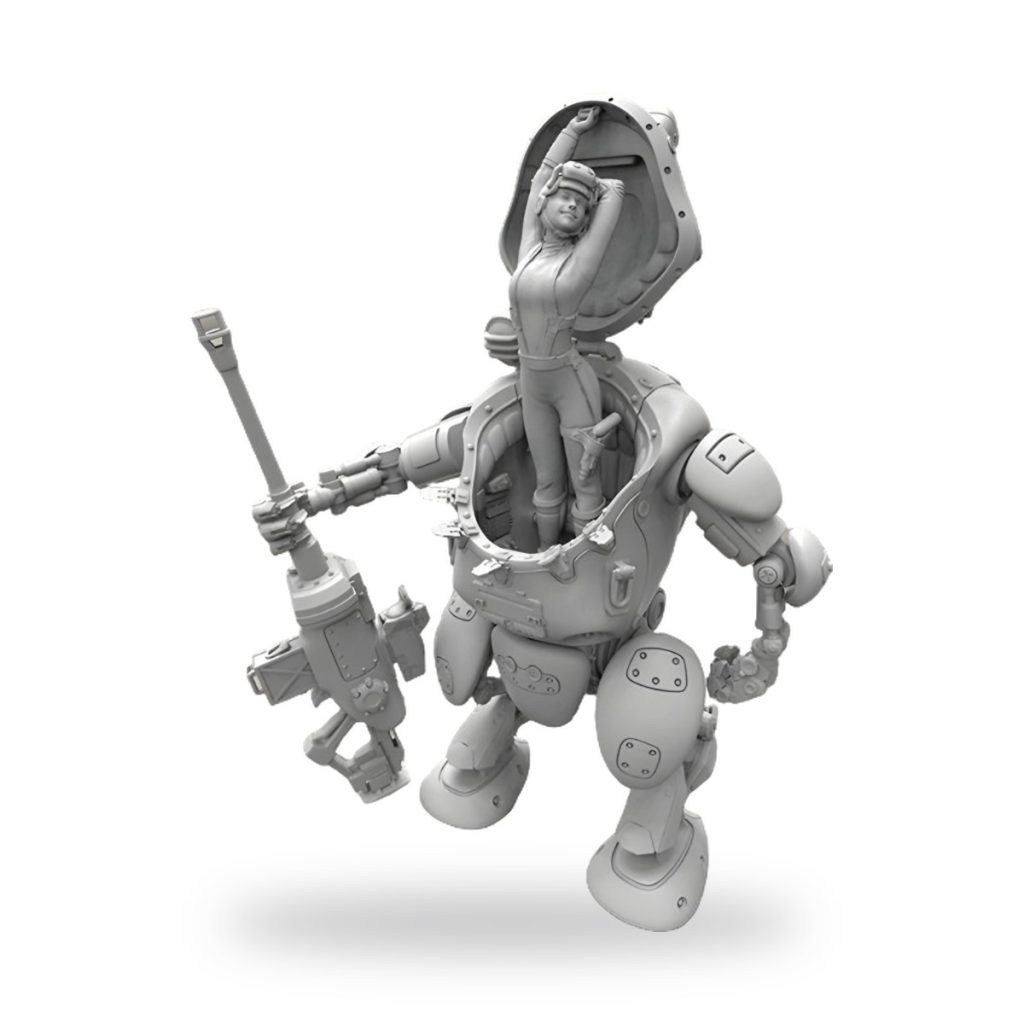Unpainted female soldier in open cockpit of war robot holding weapon.