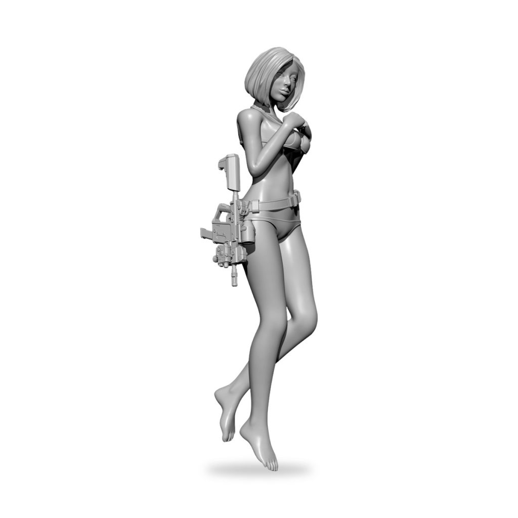 Unpainted female figure in bikini with rifle accessory.