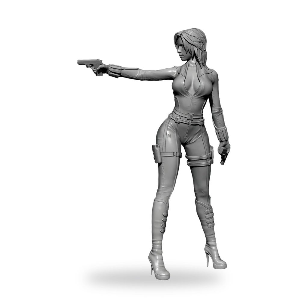 Unpainted female assassin figure in bodysuit holding pistol.