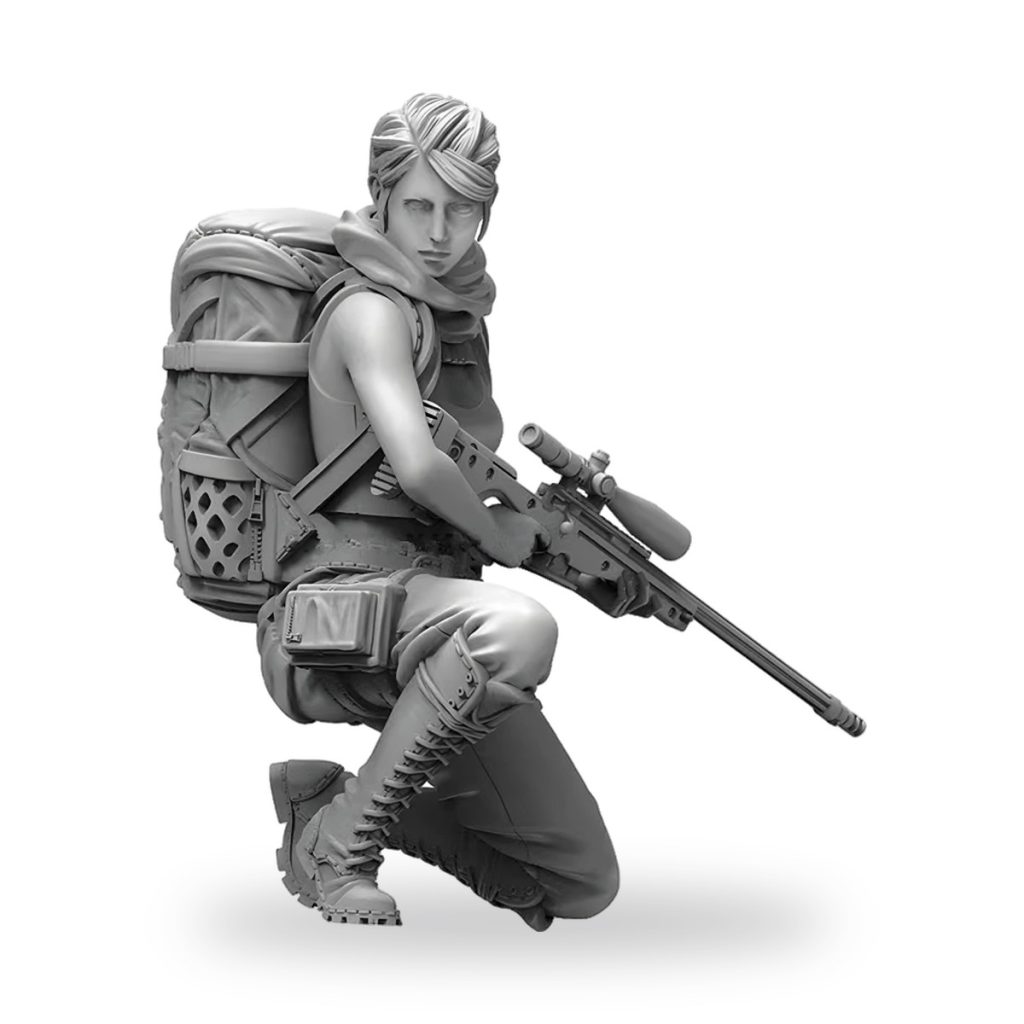 Unpainted female sniper in desert gear with rifle and backpack.