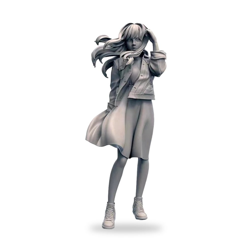 Unpainted gray female figure in jacket and skirt with flowing hair.
