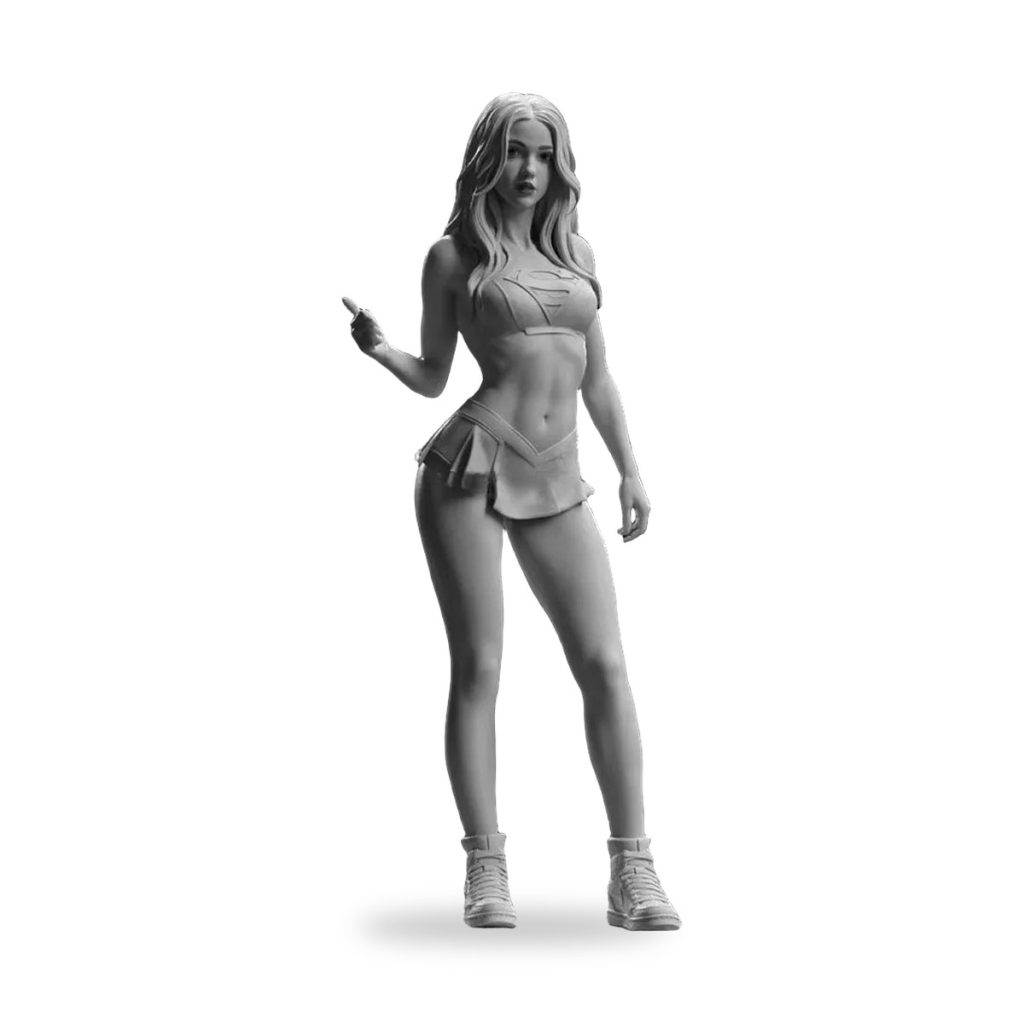 Unpainted female superhero figure in short skirt and boots.