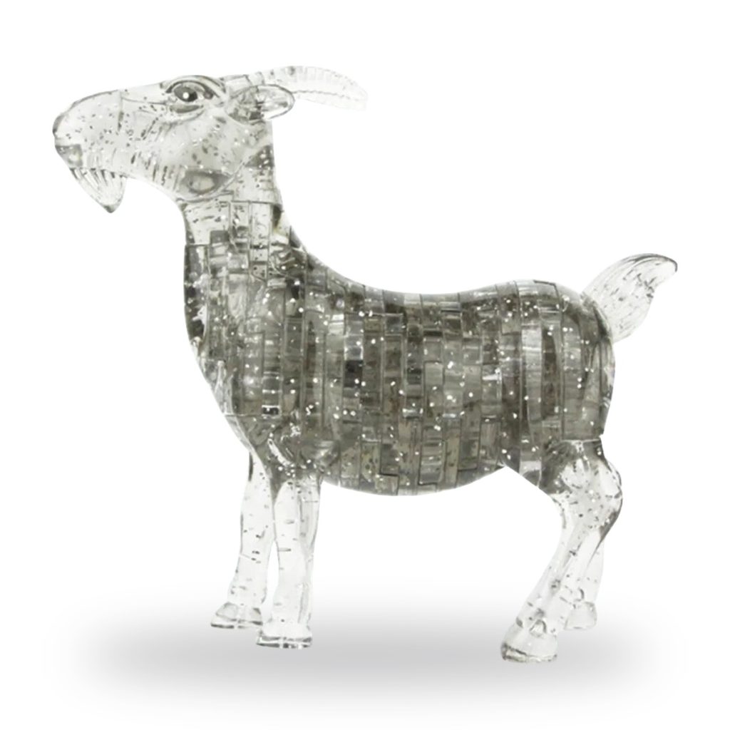 Transparent glittery plastic goat puzzle model with block-like body segments.