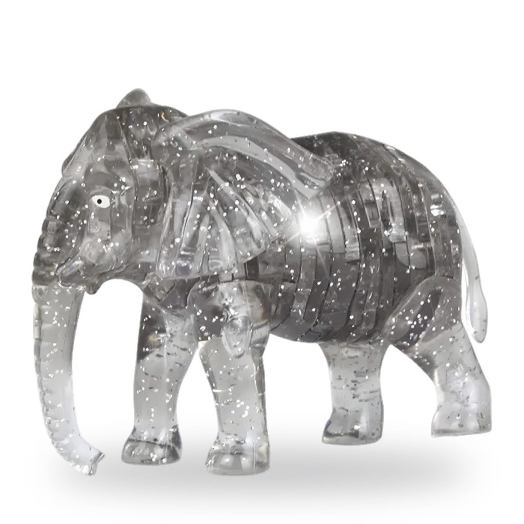 Transparent glittering elephant puzzle made of interlocking crystal-like blocks.