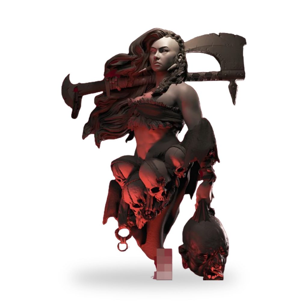 Unpainted female warrior bust holding axe and skulls.