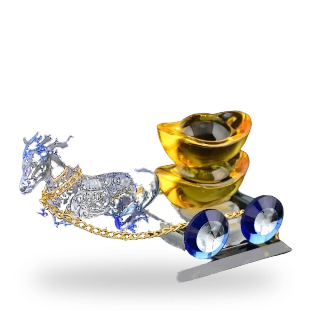 Crystal horse pulling gold ingots on blue-wheel chariot figurine.