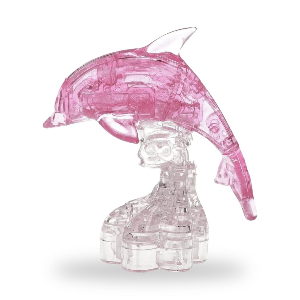 Pink and clear plastic dolphin puzzle model toy.