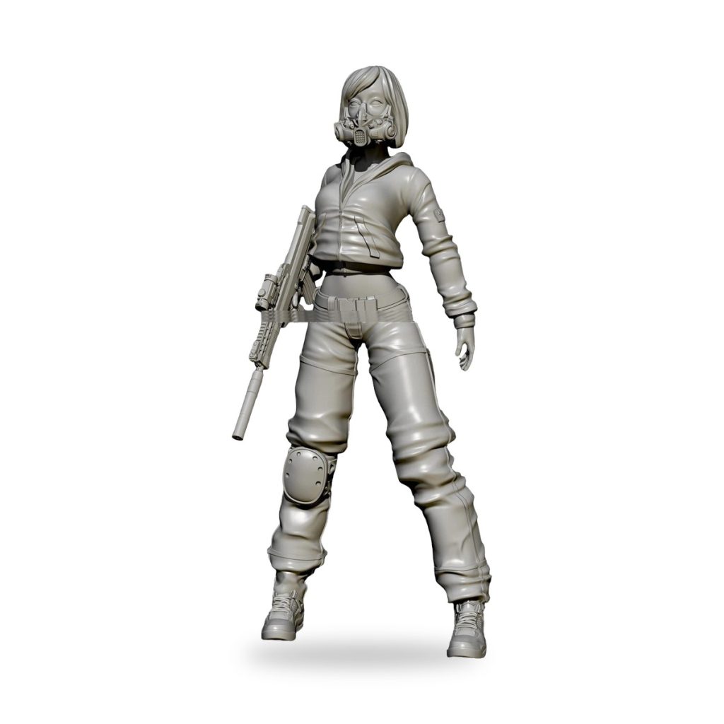 Unpainted female militia figure with gas mask and rifle in tactical gear.