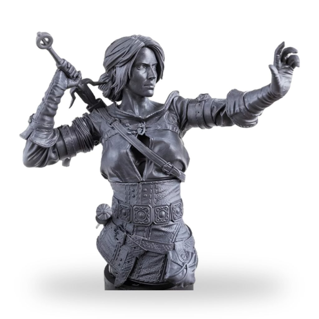 Unpainted bust of fantasy warrior Princess Ciri holding sword and shield.