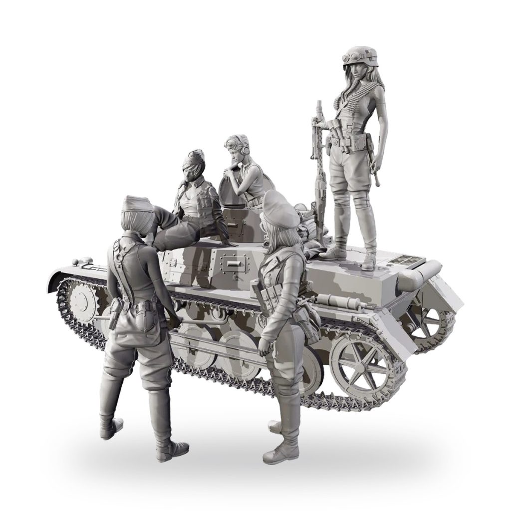 Unpainted resin model of five soldiers with tank in military setting.