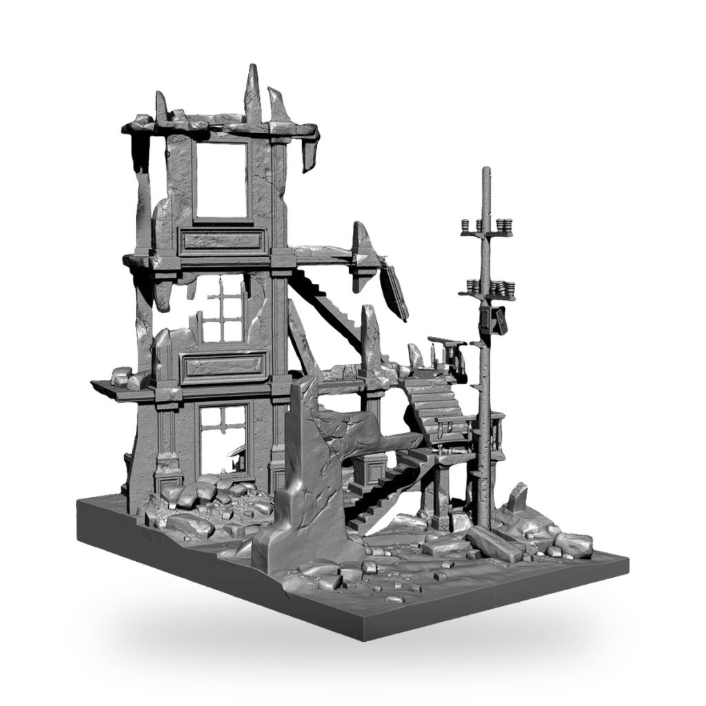 Unpainted resin warzone diorama base with ruined building and debris.