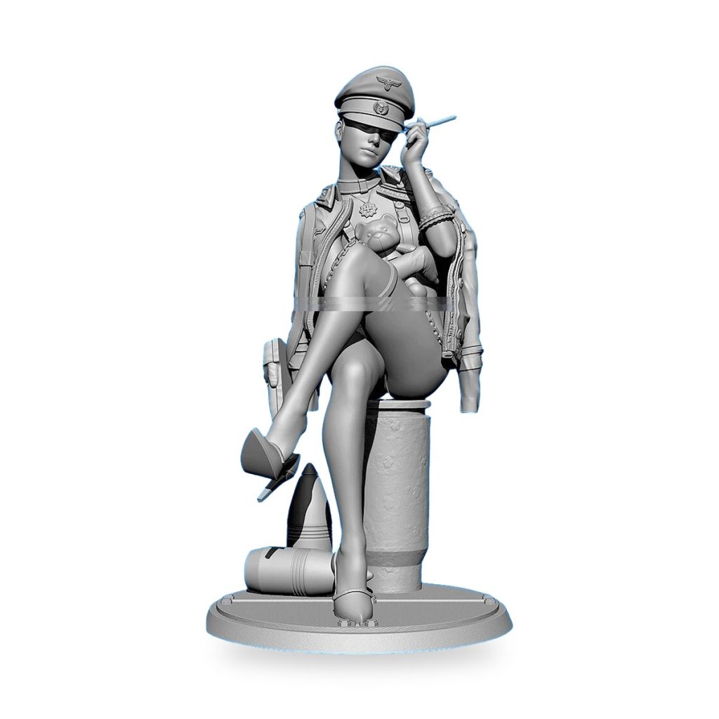 Unpainted resin figure of female spy soldier officer smoking and holding teddy bear.