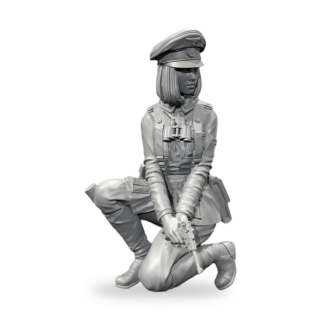 Unpainted WWII German officer woman soldier kneeling with rifle and binoculars.