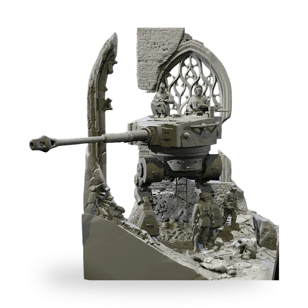 Unpainted WWII diorama with tank and soldiers in ruined building.