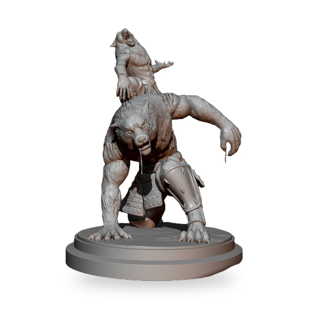 Unpainted werewolf warrior figure with smaller companion on base.