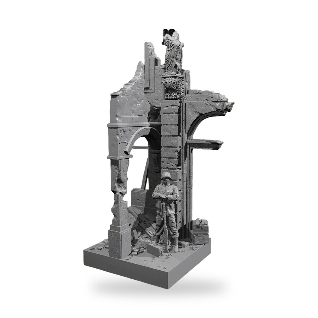 Unpainted WWII soldier stands in ruined building diorama with debris and statue.