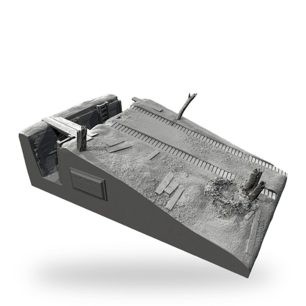 Unpainted resin diorama base depicting warzone scene with trenches and debris.