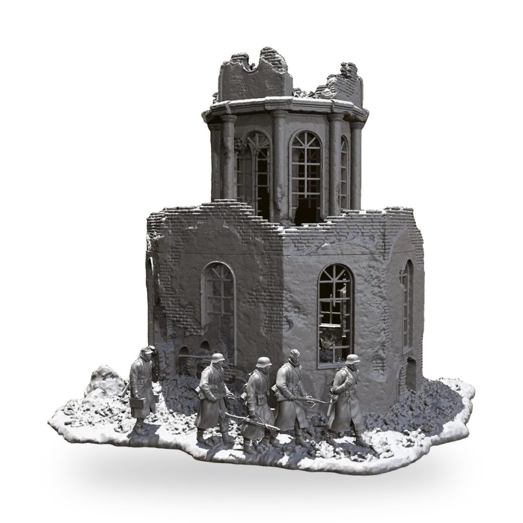 Unpainted WW2 diorama with five soldiers near ruined building.