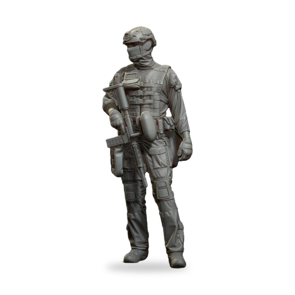 Unpainted 1/35 resin figure of solo soldier in tactical gear holding rifle.