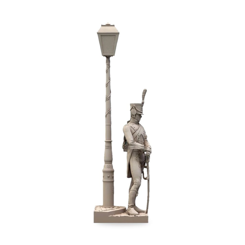 Unpainted 1/24 scale European royal guard soldier with sword and ornate lamppost statue.