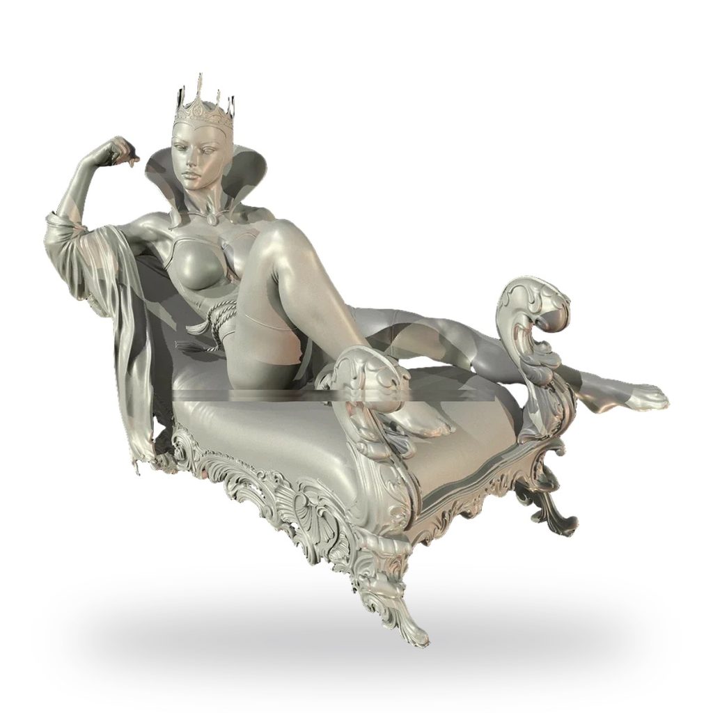 Unpainted silver Evil Queen statue on ornate chaise lounge.