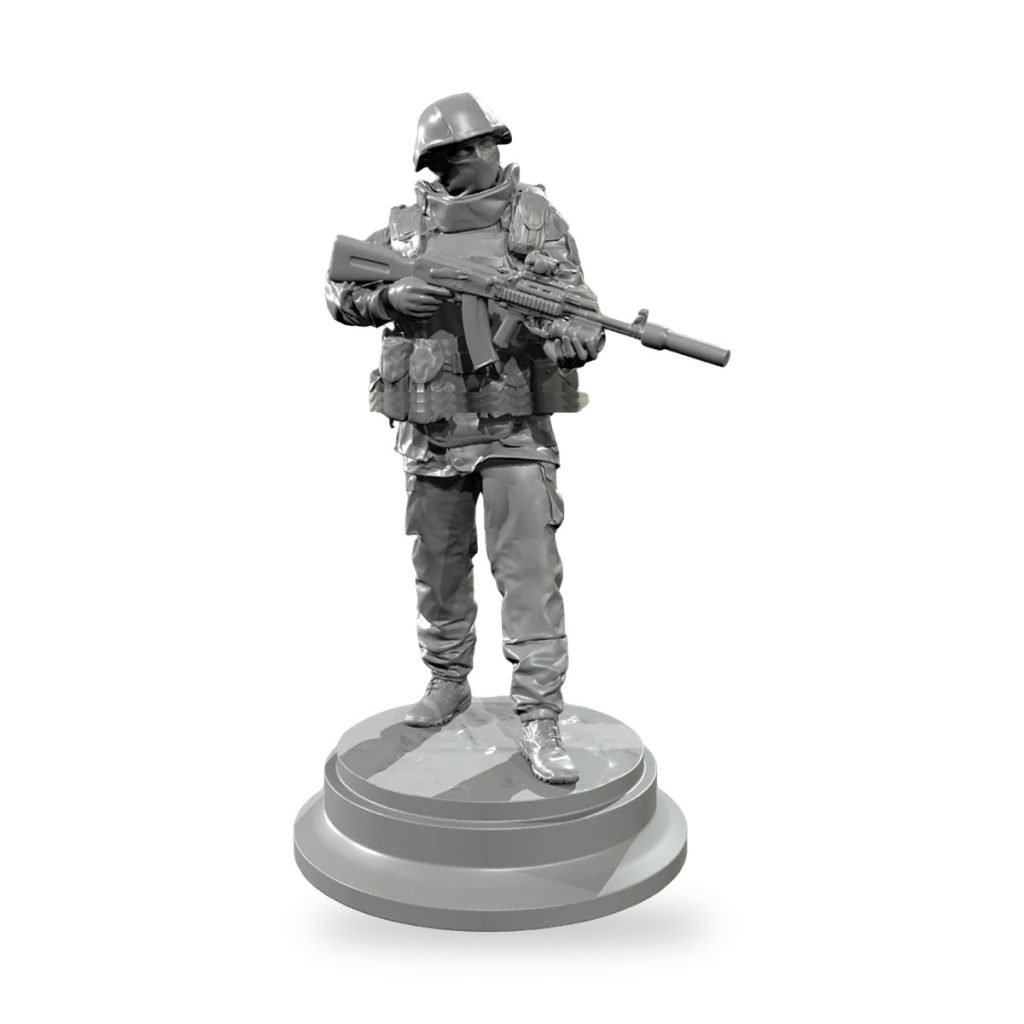 Unpainted Russian military soldier holding rifle on circular base.
