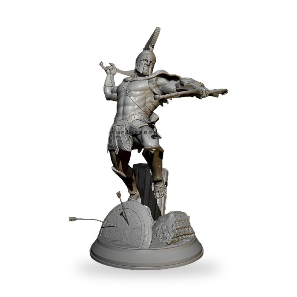 Unpainted ancient Greek warrior figure in dynamic pose with shield and sword.