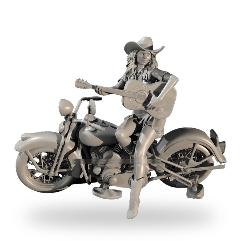 Unpainted cowgirl on motorcycle holding guitar in country music biker style.