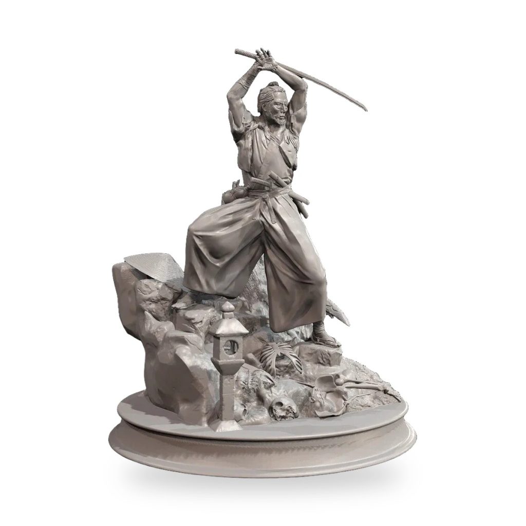 Unpainted Japanese samurai warrior statue wielding katana on rocky base with lantern and skulls.