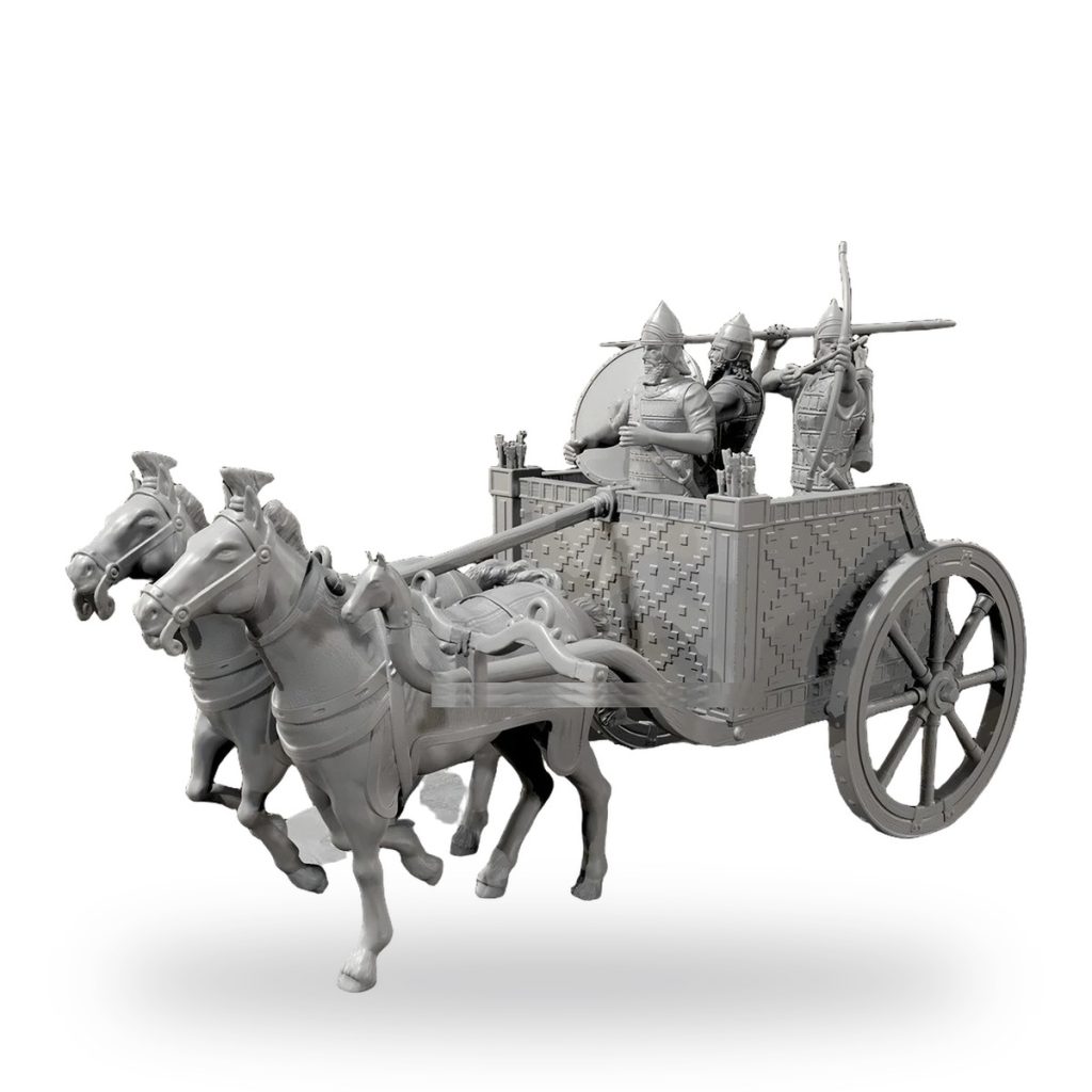 Unpainted resin model of ancient horse-drawn chariot with three soldiers.