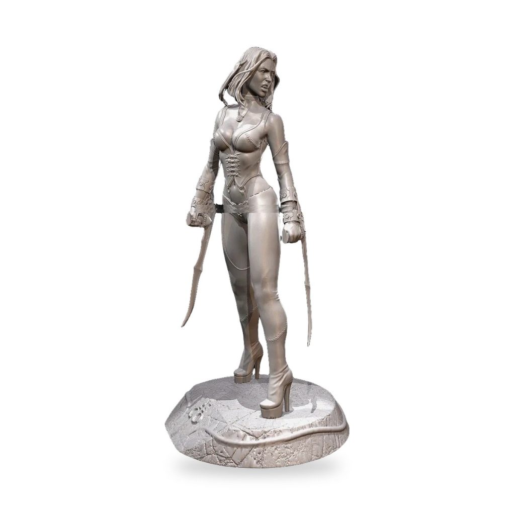 Unpainted female mutant assassin figure with dual blades on rocky base.