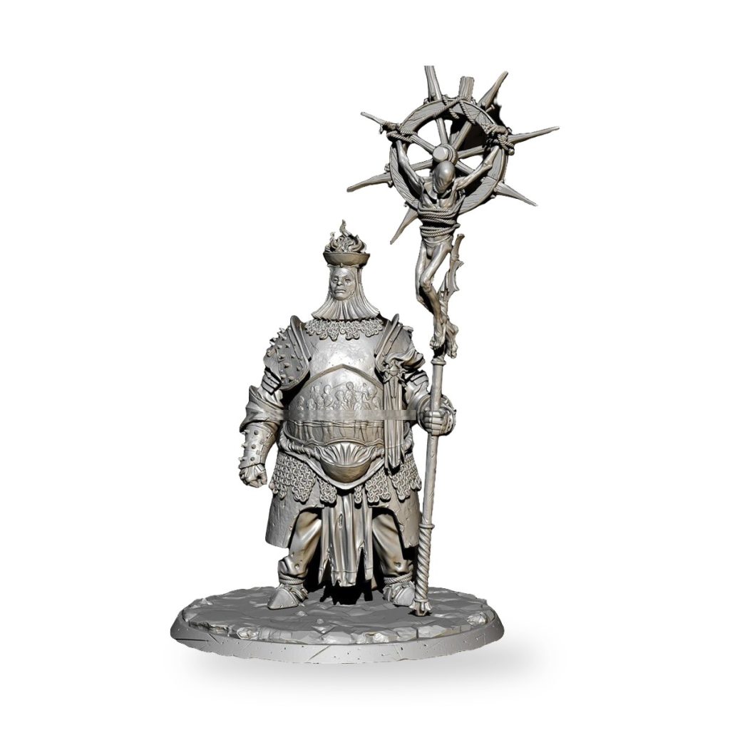 Unpainted fantasy battle mage warrior in armor holding staff with crucified figure.