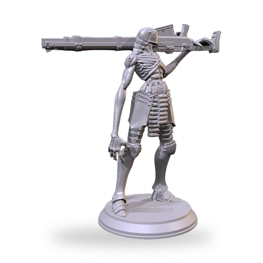Unpainted gray fantasy knight armor undead guardian holding large weapon on base.