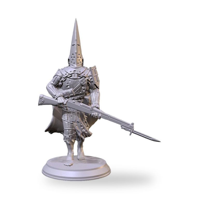 Unpainted knight in armor holding spear and shield on circular base.