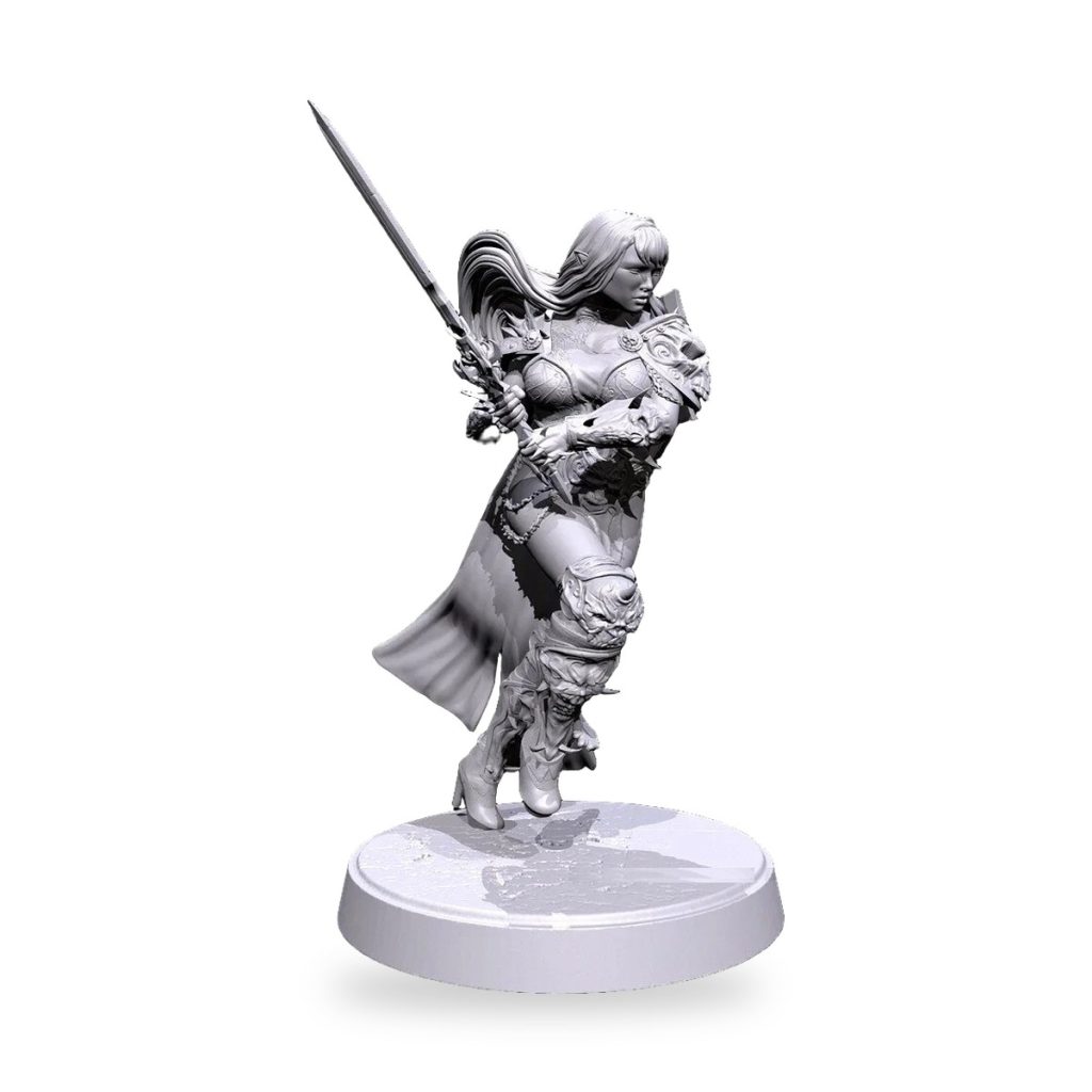 Unpainted fantasy elf warrior princess holding sword on circular base.