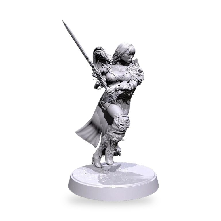 Unpainted fantasy elf warrior princess holding sword on circular base.