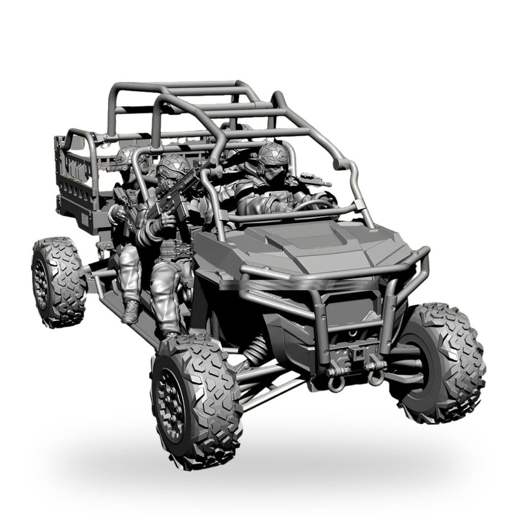 Unpainted military ATV with three armed soldiers in tactical gear.
