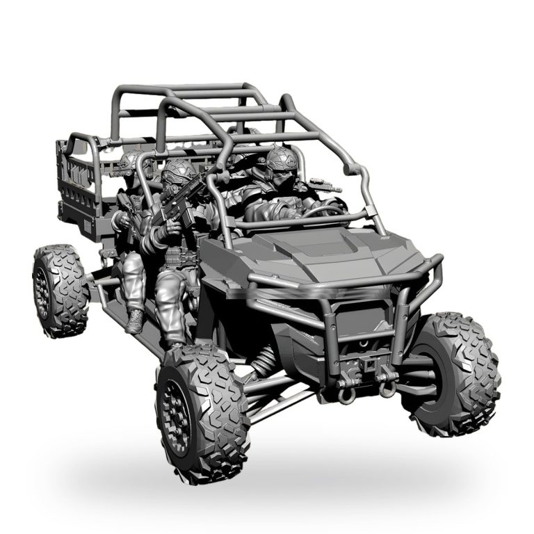 Unpainted military ATV with three armed soldiers in tactical gear.