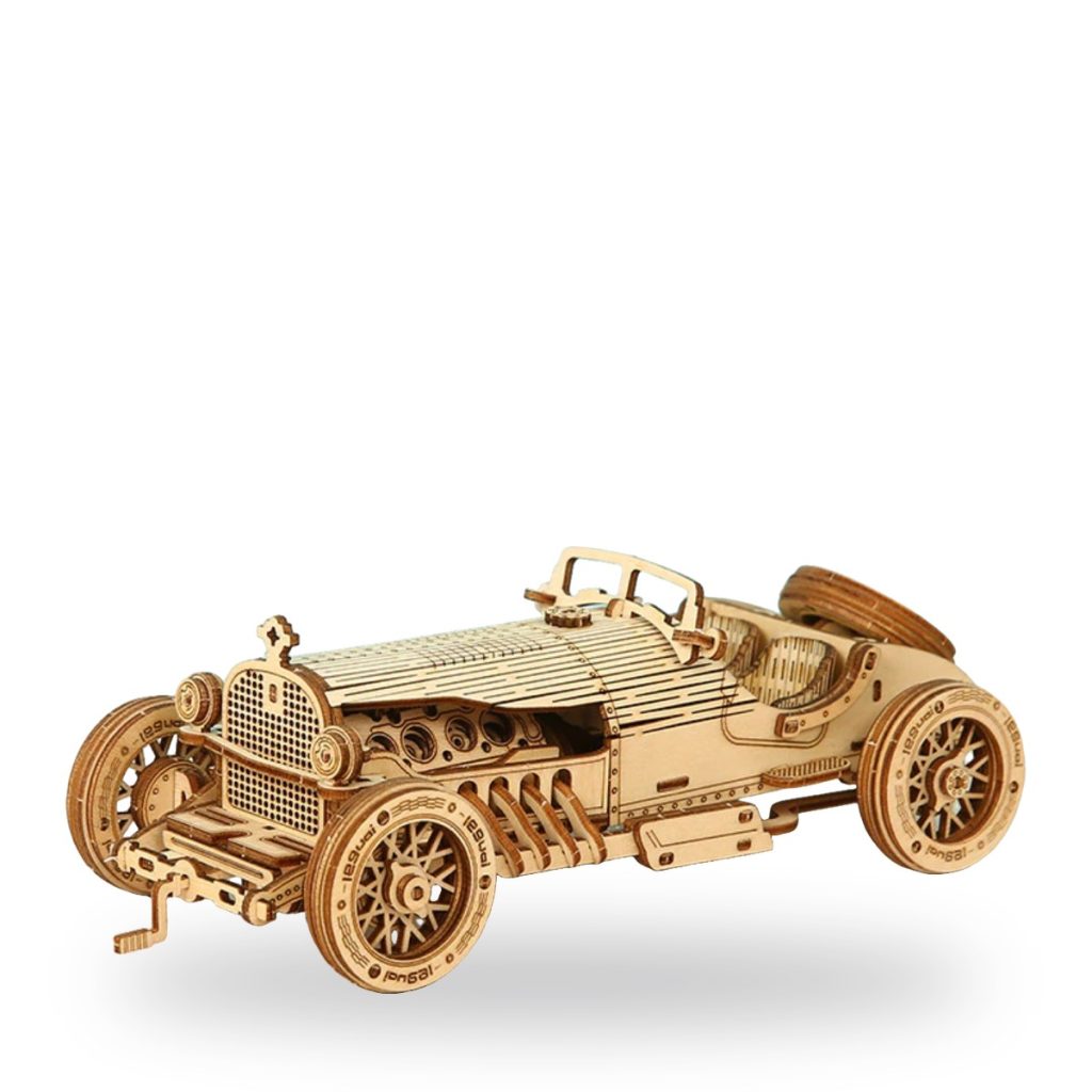 Unpainted wooden vintage car puzzle model with intricate details and spoked wheels.