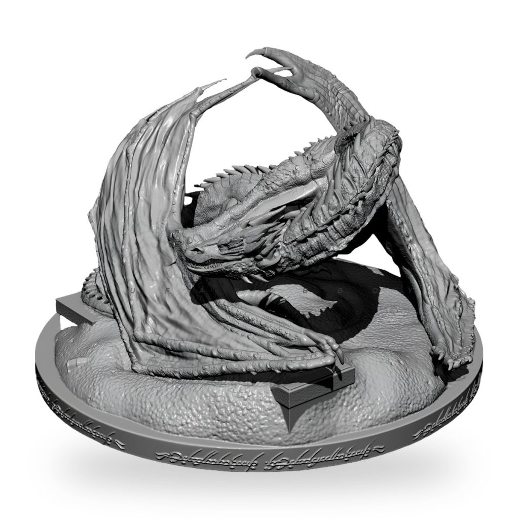 Unpainted Smaug dragon figure coiled on circular base with runes.