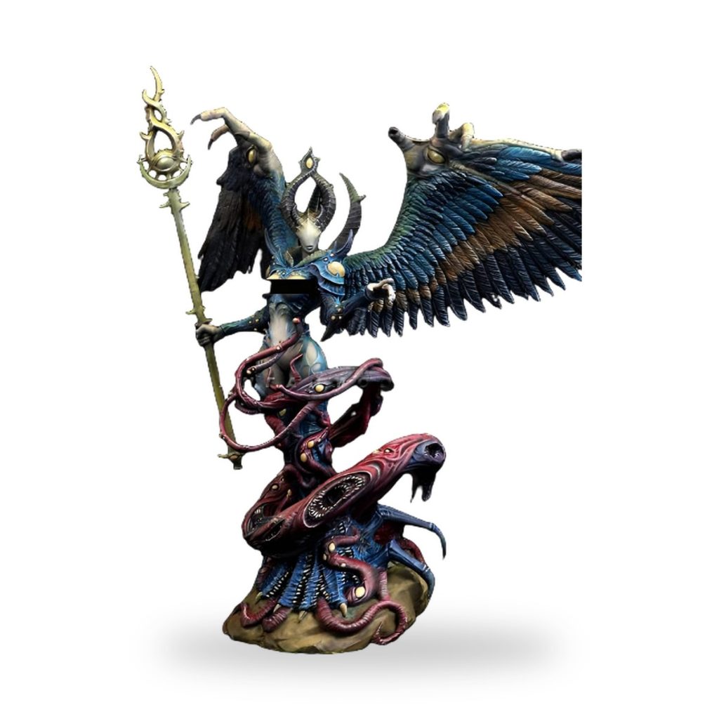 Unpainted harpy figure with wings and tentacles holding staff.