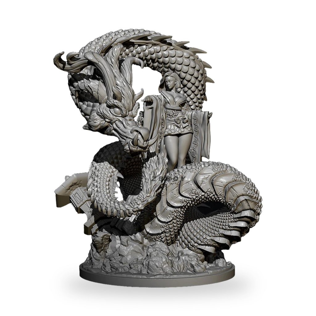 Unpainted resin figure of Oriental dragon and princess on rocky base.
