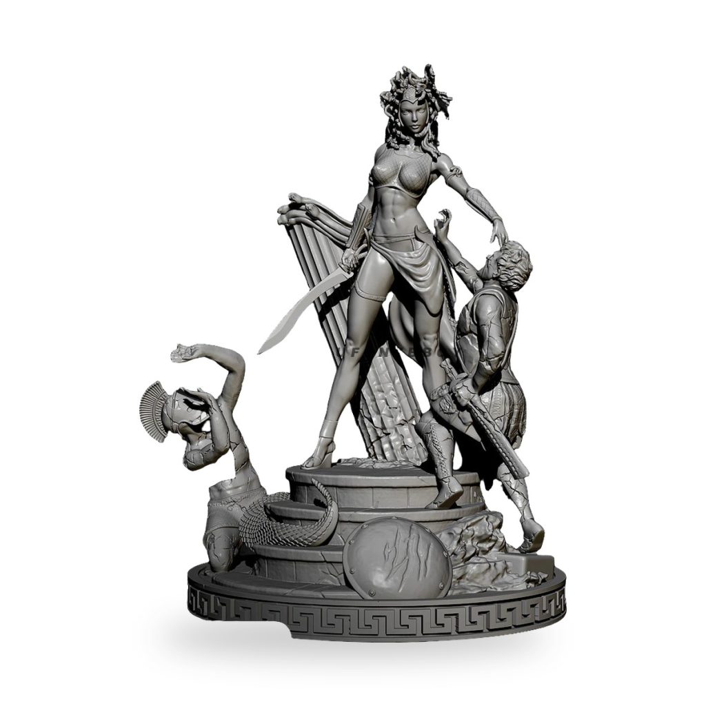 Unpainted Medusa Gorgon statue with Perseus and defeated warrior on Greek-style base.