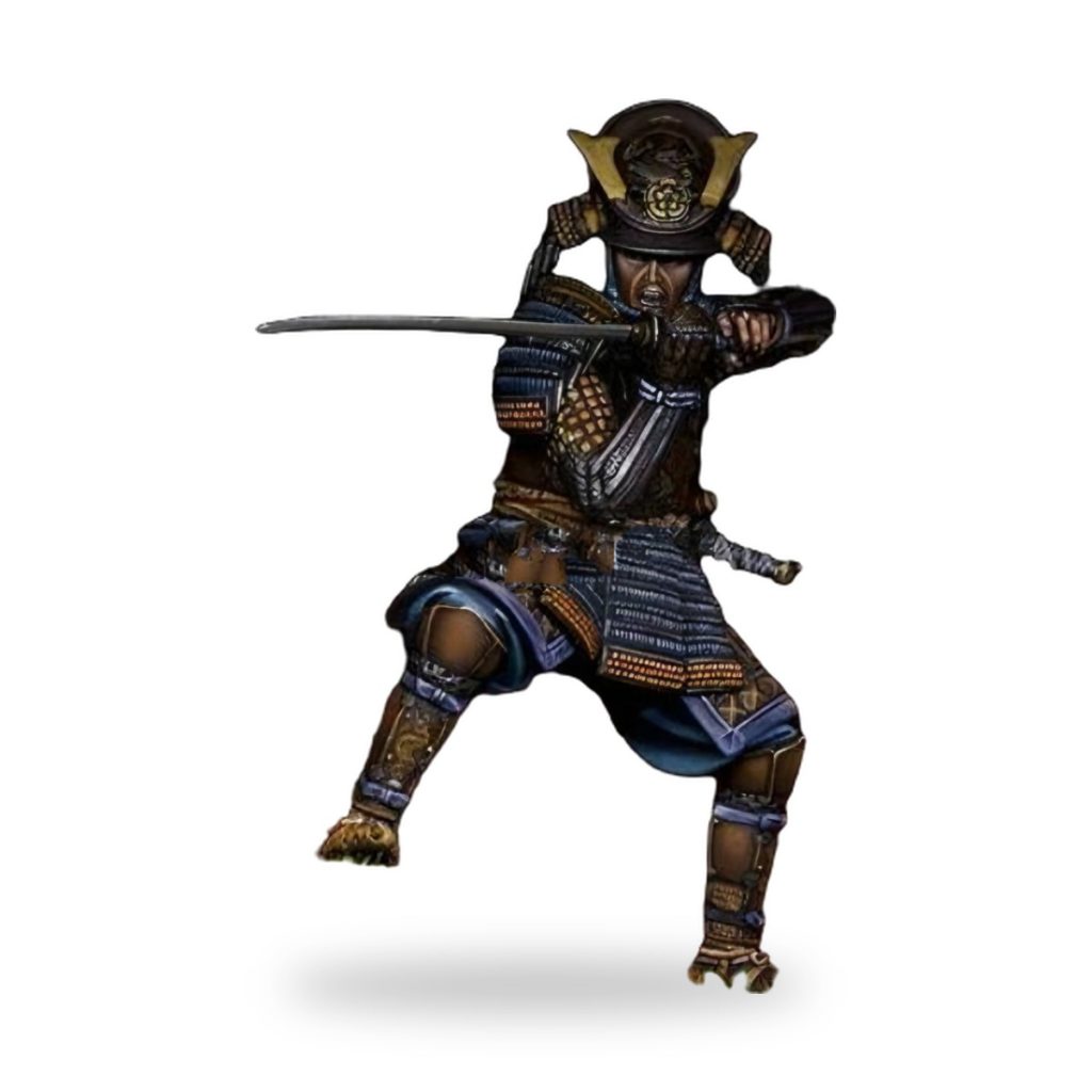 Unpainted samurai warrior in traditional armor wielding katana.